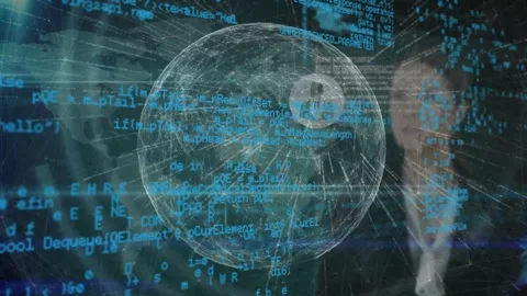 Live tech data starting holo globe, host right serving reference, code flowing Stock Footage 329929424