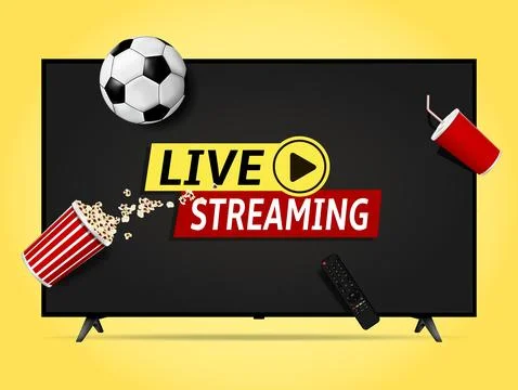 Live video streaming play button on smart tv screen. Soccer ball, remote cont Stock Illustration