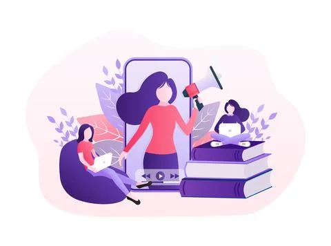 Live webcast in flat style with people. Listen to podcast. Flat illustration イラスト素材