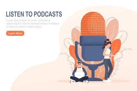 Live webcast in flat style with people. Listen to podcast. Flat illustration イラスト素材