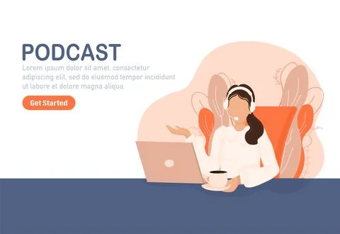 Live webcast in flat style with people. Listen to podcast. Flat illustration Illustrazione stock
