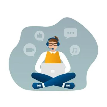 Live webcast in flat style with people. Listen to podcast. Flat illustration Stock Illustration
