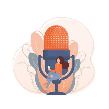 Live webcast in flat style with people. Listen to podcast. Flat illustration Stock Illustration