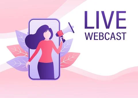Live webcast in flat style with people. Listen to podcast. Flat illustration イラスト素材