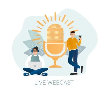 Live webcast in flat style with people. Listen to podcast. Flat illustration Stockillustratie