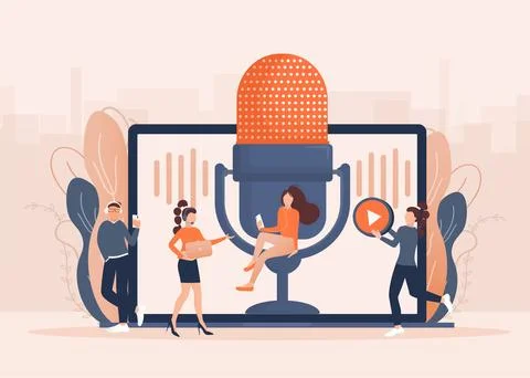 Live webcast in flat style with people. Listen to podcast. Flat illustration Иллюстрация