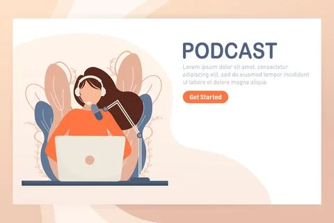 Live webcast in flat style with people. Listen to podcast. Flat illustration Stock Illustration