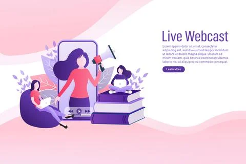 Live webcast in flat style with people. Listen to podcast. Flat illustration Иллюстрация