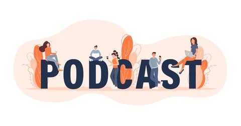 Live webcast in flat style with people. Listen to podcast. Flat illustration Illustrazione stock