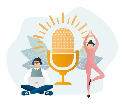 Live webcast in flat style with people. Listen to podcast. Flat illustration Stock Illustration