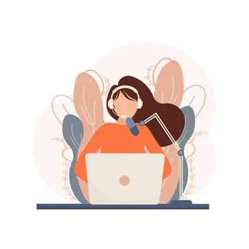 Live webcast in flat style with people. Listen to podcast. Flat illustration Stock Illustration