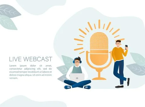 Live webcast in flat style with people. Listen to podcast. Flat illustration イラスト素材