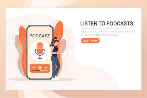 Live webcast in flat style with people. Listen to podcast. Flat illustration 스톡 일러스트