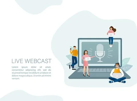 Live webcast in flat style with people. Listen to podcast. Flat illustration 스톡 일러스트