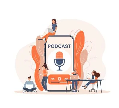Live webcast in flat style with people. Listen to podcast. Flat illustration Ilustração Stock
