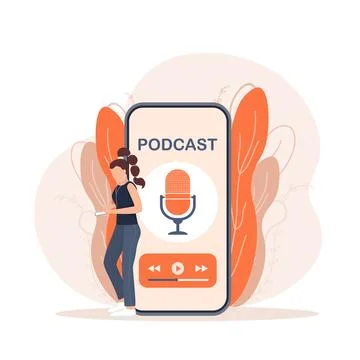 Live webcast in flat style with people. Listen to podcast. Flat illustration Stock Illustration