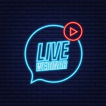 Live webinar button with megaphone, icon. Neon icon. Vector illustration. Illustrazione stock