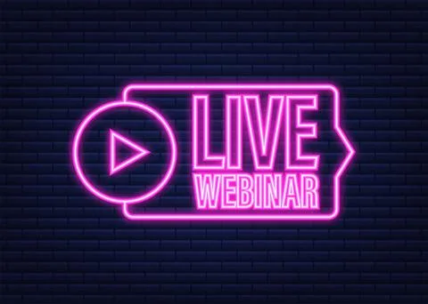 Live webinar button with megaphone, icon. Neon icon. Vector illustration. Illustrazione stock