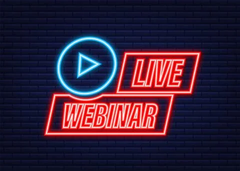 Live webinar button with megaphone, icon. Neon icon. Vector illustration. Illustrazione stock