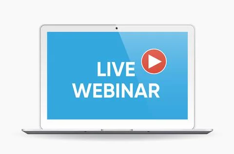 Live webinar online with play button on laptop, online webinar computer screen. Stock Illustration