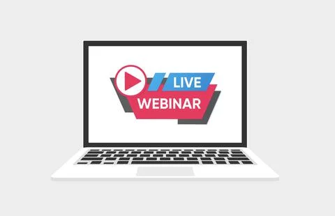 Live webinar online with play button on laptop, online webinar computer screen. Stock Illustration
