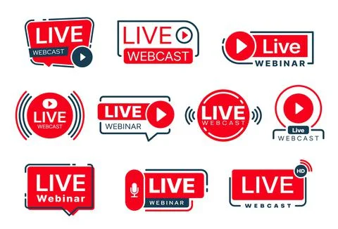 Live webinar, webcast, online stream video icons Illustrazione stock