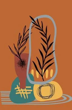 A lively abstract design featuring bold organic shapes, botanical elements,.. Stock Illustration