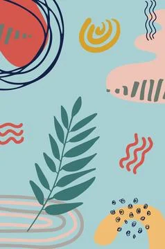 A lively abstract design featuring bold organic shapes, botanical elements,.. Stock Illustration