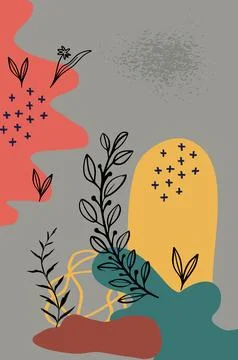 A lively abstract design featuring bold organic shapes, botanical elements,.. Stock Illustration