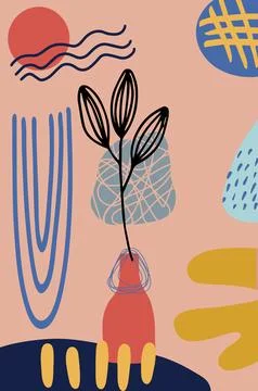 A lively abstract design featuring bold organic shapes, botanical elements,.. Stock Illustration