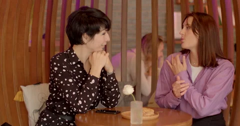 Lively interaction between two girlfriends meeting at cafe. Active conversation Stock Footage 265455779