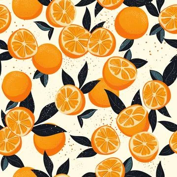 A lively orange citrus pattern with green leaves, embodying summer and freshness 库存插图
