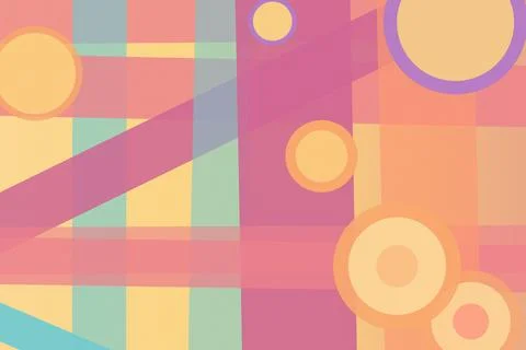A lively patchwork of translucent blocks, diagonal ribbons, and golden circ.. Ilustración de archivo