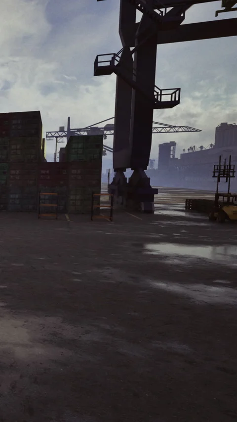 Lively port scene at dawn with towering cranes and stacked shipping containers Stock Footage 331697496