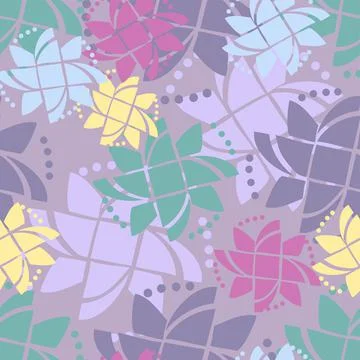 Lively Scattered 80s Style Abstract Shape repeat Pattern In Lilacs, Green And Stock Illustration