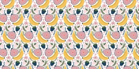 Lively seamless pattern adorned with bananas, figs, blackberries, white str.. Stock Illustration