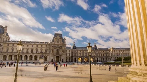 Lively square in front of the Louvre Museum on a sunny autumn day, Paris Stock Footage 76400196