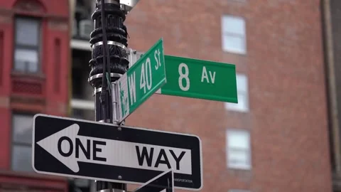 A lively street intersection located at W 40th St and 8th Ave, set in an urban 스톡 동영상 314576879