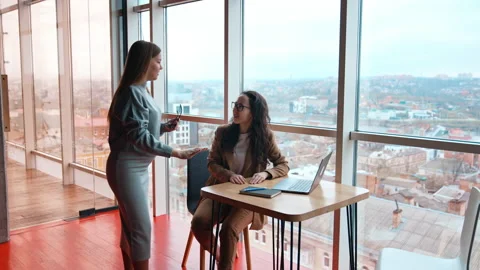 Lively talk between two female colleagues in the office. Stock Footage 238490802