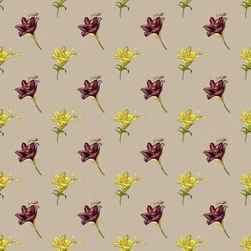 Lively watercolor pattern showcasing yellow and purple lilies on a neutral .. Stock Illustration