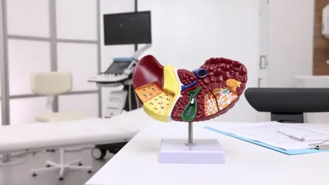 Liver and gallbladder anatomical model stands on a doctor's table for patient Stock Footage 316152267