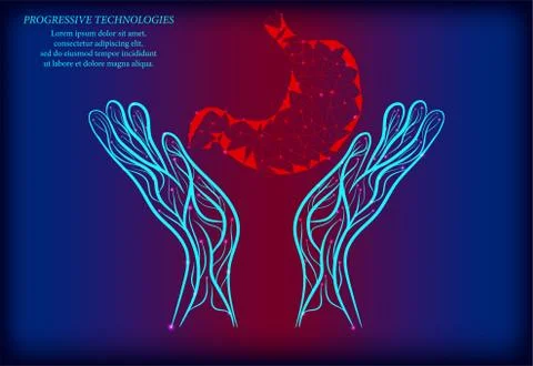 Liver between two human hands, low poly concept. Treatment of the liver using Stock Illustration