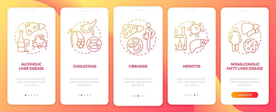 Liver dysfunction onboarding mobile app page screen with concepts 库存插图