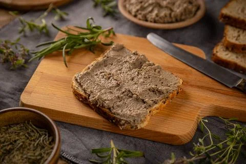 Liver pate spread on toast bread Stock Photos