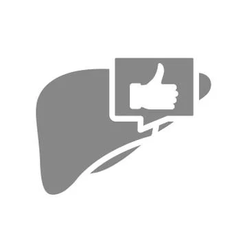 Liver with thumb up gesture in chat bubble gray icon. Healthy organ symbol Stock Illustration