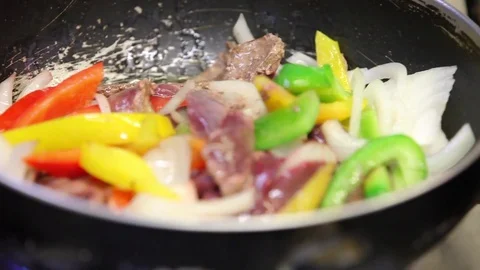 Liver vegatable onions  pan Stock Footage 75194276