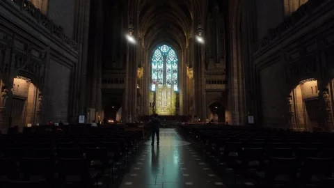 Liverpool Cathedral - Interior View of Nave and Stained Glass Windows. Stock Footage 338220339