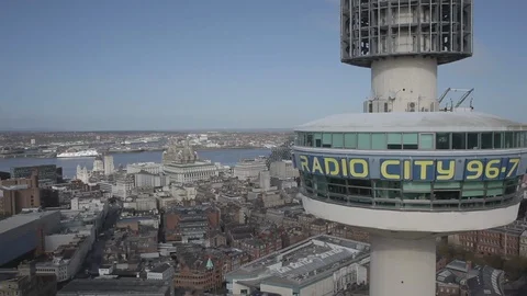 Liverpool City and Radio City Tower Aerial Flight Stock Footage