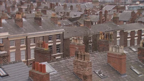 Liverpool cityscape - static mid close of chimneys, rooftop and windows. Stock Footage 105379970