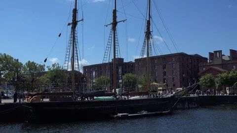 Liverpool dock with traditional sailing ship Stock Footage